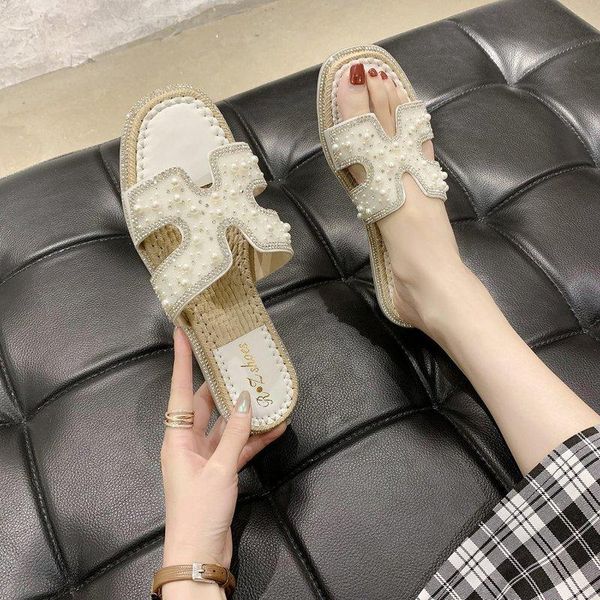 

rhinestone sandals female fairy 2021 summer new wild word with flat slippers, wear ins tide sandals, Black