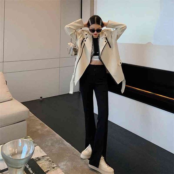 

women's pants & capris high waist straight slit wide leg early spring draping weeping casual suit mopping zfje, Black;white