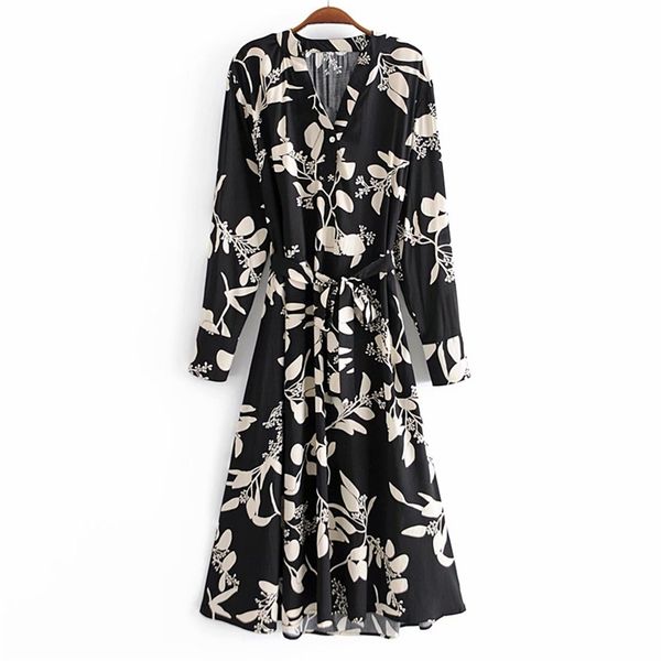 

women summer vintage shirts dress long sleeve print sashes bow tie v-neck black female elegant street dresses vestidos 210513, Black;gray
