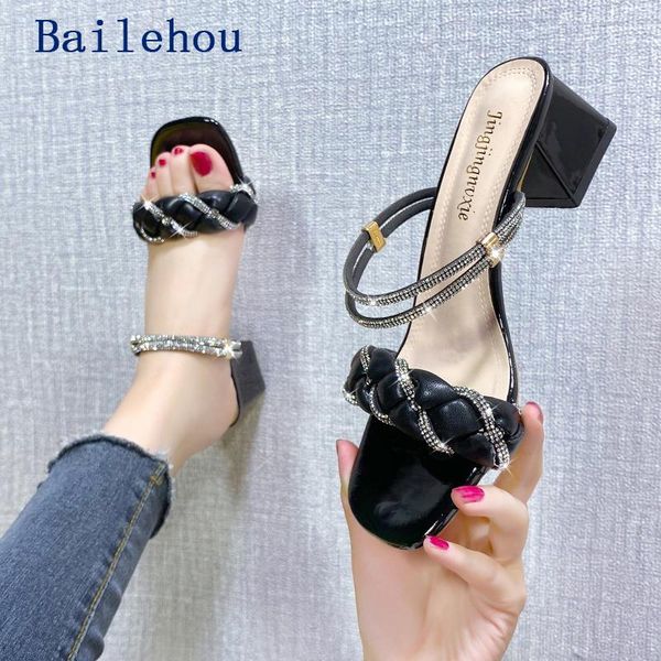 

sandals women 2021 weave rhinestones high heels bling ladies pumps square toe shoe summer shoes for footwear high-heeled, Black