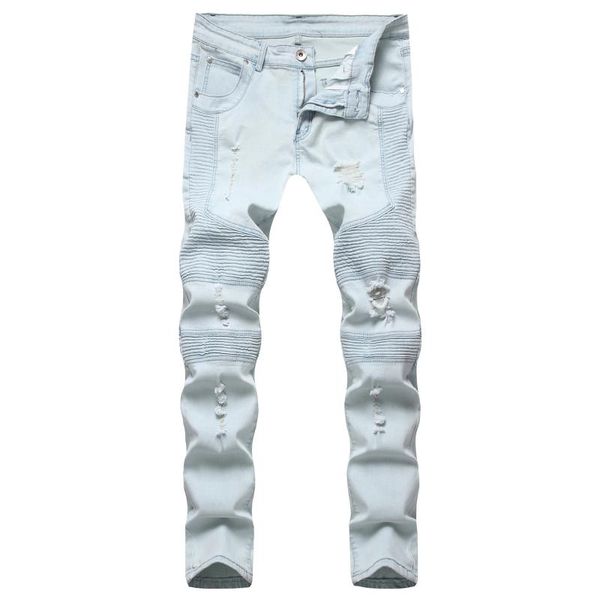 

men's jeans pleated casual stretch slim fit fashion, Blue
