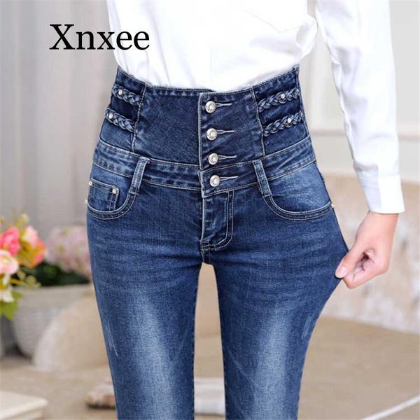 

women's jeans thin waist korean female feet pencil pants black women high waisted elastic trousers plus size skinny denim, Blue