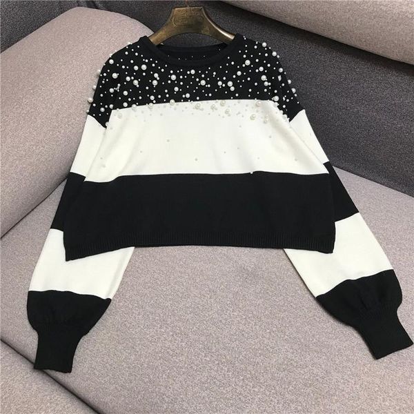 

luxury designer brand knitted pullovers for women o neck beading striped loose short sweater women's sweaters, White;black