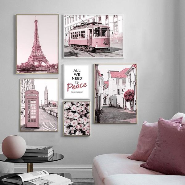 

paintings pink city bus flower tower wall art picture nordic peace quote print poster telephone booth modern canvas painting home decor