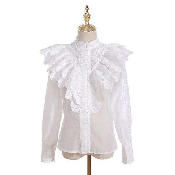 

women's blouses & shirts women white blouse long sleeve stand collar female fashion slim lace top