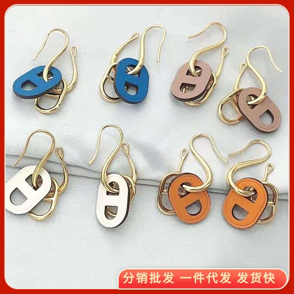 

charms new brass gold-plated pig nose earrings double-layer color contrast lamb skin pendant female, Golden