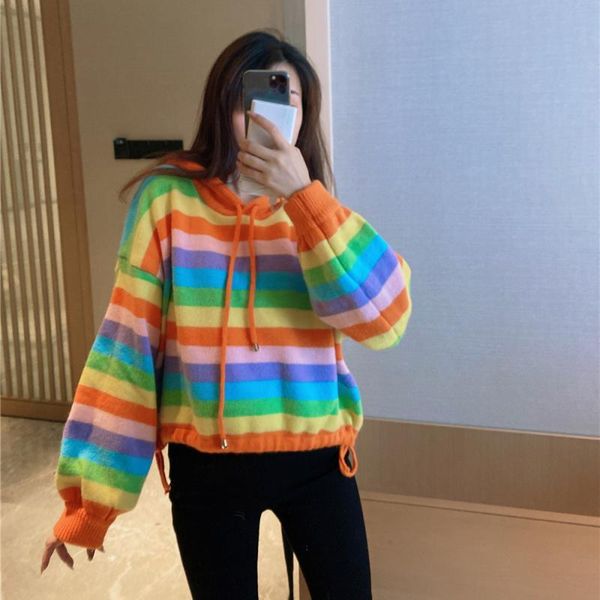 

rainbow embroidery women fashion high street sweater short loose pullover lazy striped hooded collar brand clothes women's sweaters, White;black