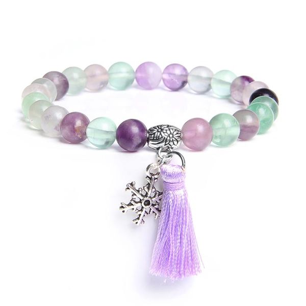 

beaded, strands 7 chakra natural stone fluorite crystal quartz bead bracelet beautiful snowflake tassel charm for women energy jewelry, Black