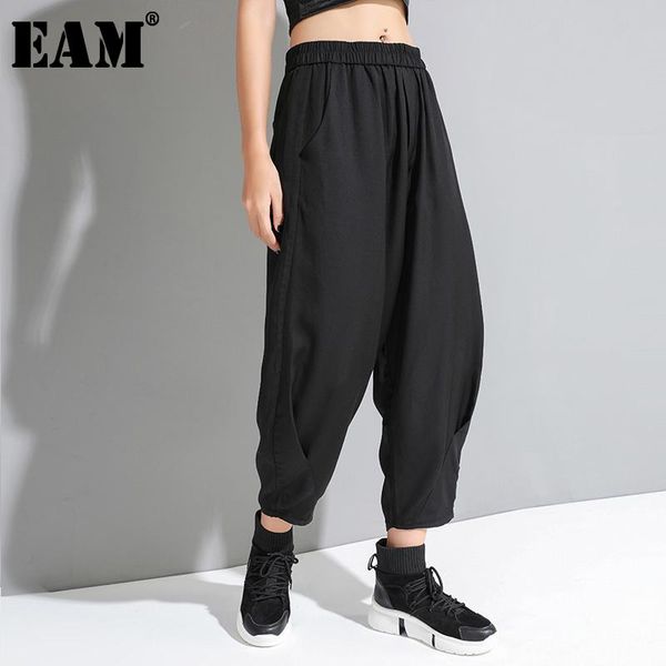 

women's pants & capris [eam] high elastic waist black pleated long wide leg trousers loose fit women fashion tide spring summer 2021 1u, Black;white