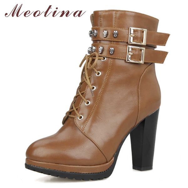 

meotina women ankle boots autumn buckle platform chunky heels short boots zipper extreme high heel shoes lady winter size 33-40 210608, Black