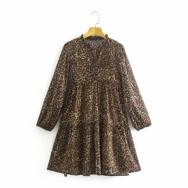 

spring women leopard print chiffon mini dress female o neck nine quarter sleeve clothes casual lady loose vestido d7365 210430, Black;gray