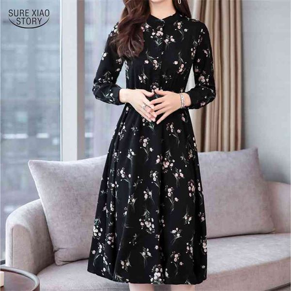 Stil Vestidos Uzun Kollu Kadın Şifon Elbiseler Sonbahar Siyah Çiçek Boho Düğme Tasarım Diz Boyu Elbise 5081 50 210510