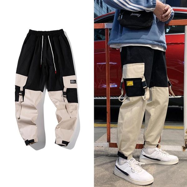 

track pants men's multi pockets cargo harem hip hop casual jogger male tatical joggers trousers streetwear men pant, Black