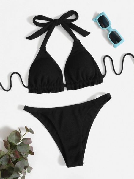 

plain frill trim halter bikini swimsuit b3kp#, White;black