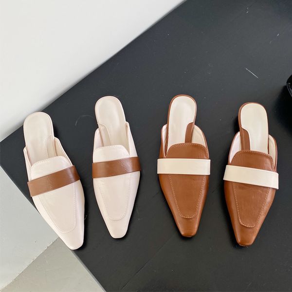 

2021 Women Slippers Fashion Flat Heel Mules Sandals Shoes Woman Casual Pointed Toe Slip On Slides Slippers Work Loafers Shoes, Brown