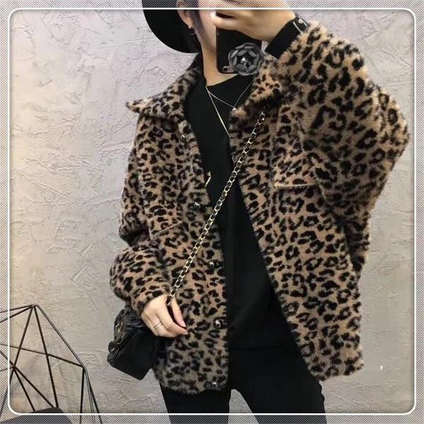 

women's fur & faux fashion short leopard jacket thicken winter coat long sleeves loose casual outwear mink oversized, Black