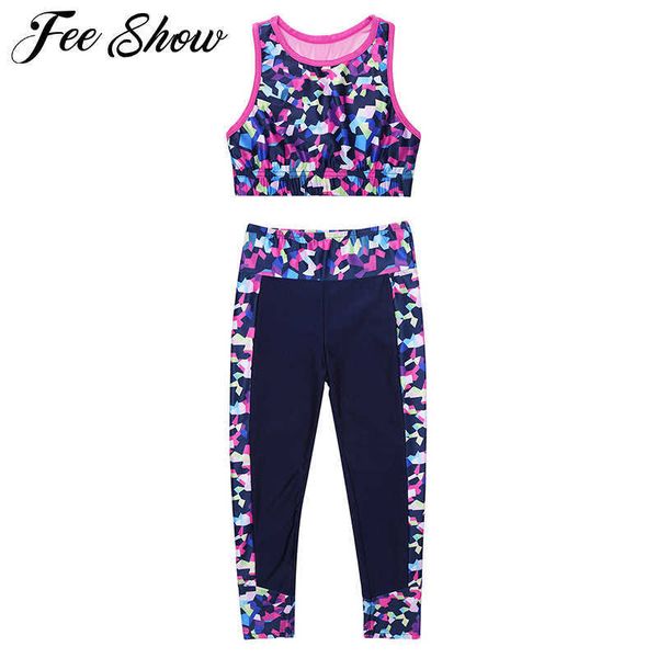 

summer toddler kids girls gymnastics dancewear outfits digital print sleeveless tracksuits mesh tanks crop pants sports set x0902, White