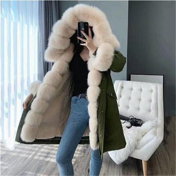 

women's fur & faux 2021 detachable winter jacket natural collar rex lining women real long coat, Black