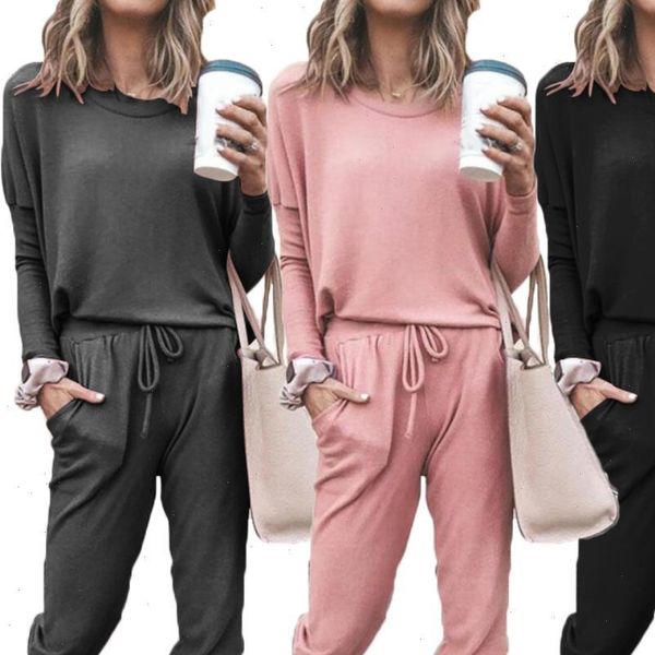 

womens tracksuits 2pcs women solid color pullover long sleeve o neck blouse bandage drawstring pants sport leisure tracksuit, Gray