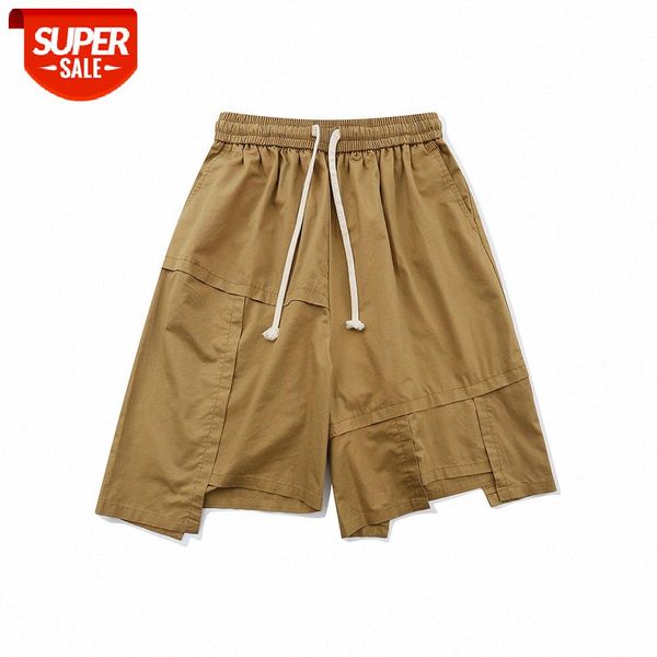

solid color irregular stitching overalls shorts men's street casual pants loose straight five-point #oj62, Black