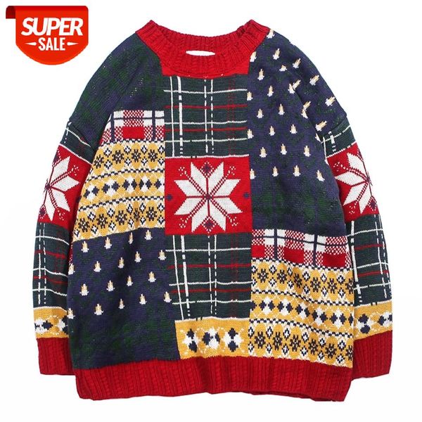 

2020 winter ugly christmas knitted sweater men hip hop retro loose knit pullover color block harajuku cotton sweaters #us8u, White;black
