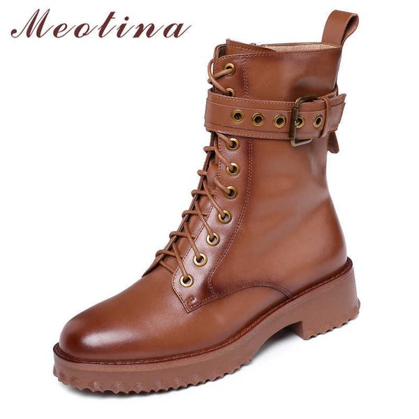 

meotina autumn motorcycle boots women natural genuine leather zip thick heel ankle boots buckle round toe shoes lady winter 4-10 210608, Black