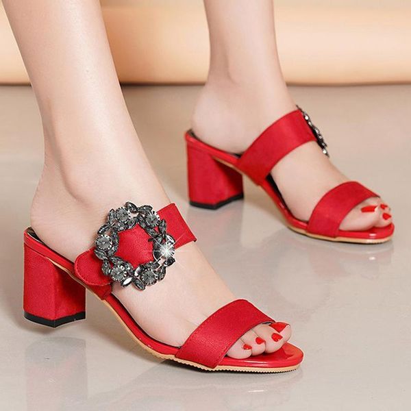 

dress shoes european slingback crystal buckle band women sandals summer high heels slippers slip on diamond femmes sandales 2021, Black