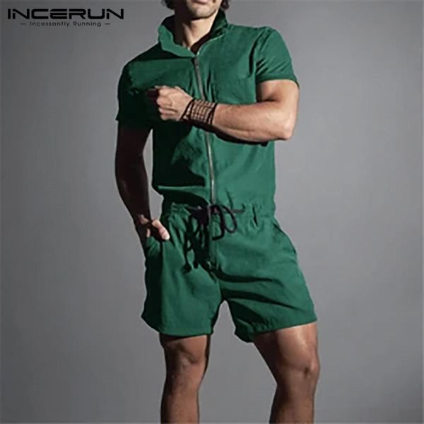 

men solid color jumpsuit shorts leisure zipper joggers summer short sleeve drawstring rompers man pockets overalls 5xl 7 men's, White;black