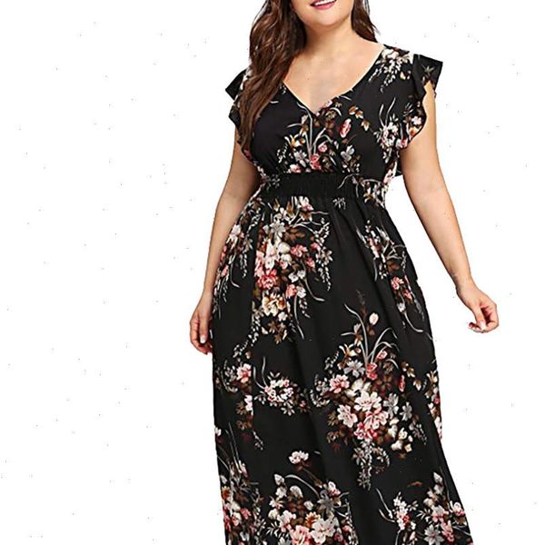 

women womens dress plus size 5xl summer beach chiffon v neck floral print boho party elegant maxi hip n4, Black;gray