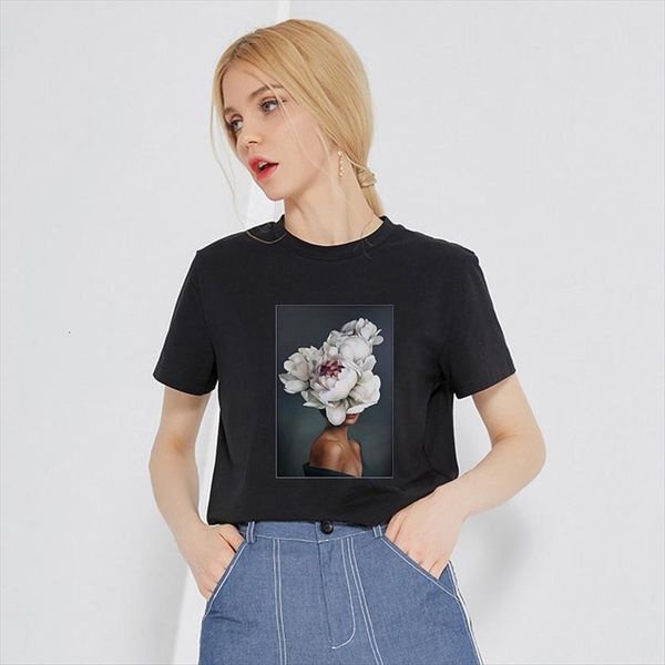 

summer fashion streetwear aesthetics print womens t shirts flowers feather harajuku tee couple shirt femme casual tumblr, White