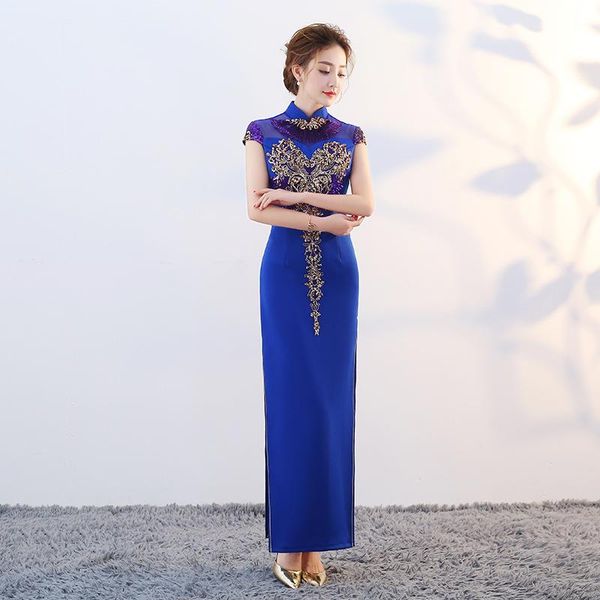 

autumn lady straight chinese dresses bride wedding party satin dress bling appliques cheongsam skirt elegant gown large size ethnic clothing, Red