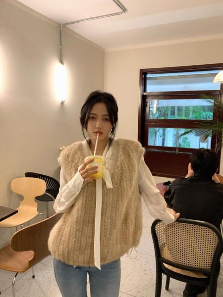 

women's fur & faux 2021 imported mink waistcoat set of knitting coat female, Black