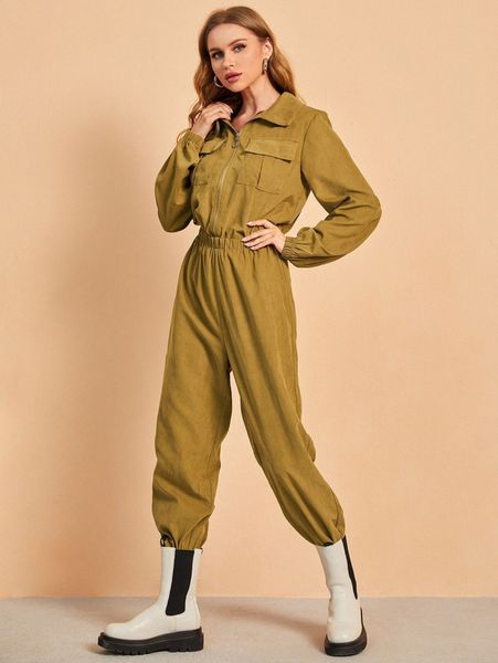 

flap pocket o-ring zipper elastic waist jumpsuit s2sb#, White