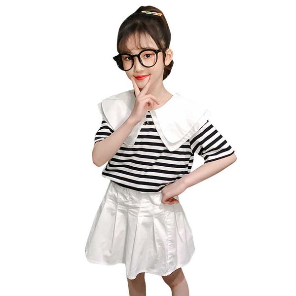 

children summer clothes striped tshirt + short girls outfits patchwork set casual style children's suits 210528, White