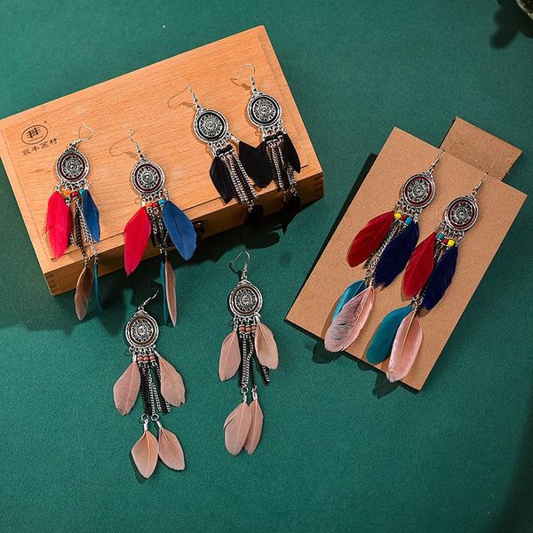 

stud boho ethnic dream catcher feather antique long hook earrings fancy handmade chain tassle earring for women jewelry 2021, Golden;silver