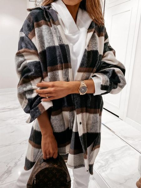

women's jackets plaid print coat adults irregular single-breasted long sleeve flower neck outerwear streetwear casual outfits, Black;brown