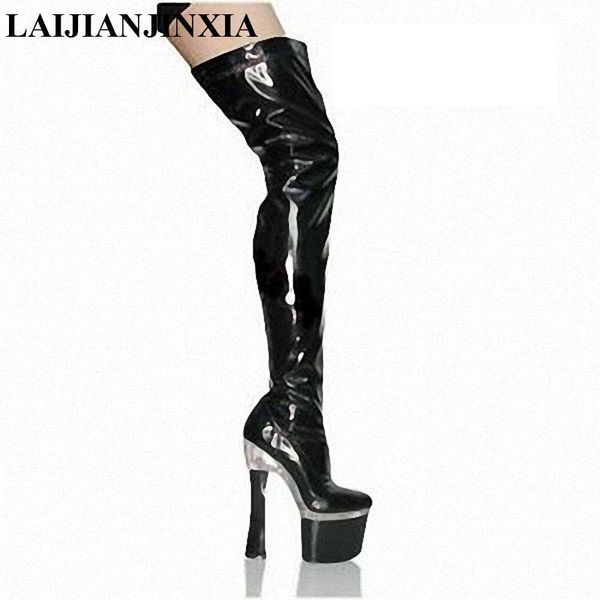 

boots laijianjinxia 18cm ultra high heels platform leather  inch over the knee plus big size thigh women's, Black