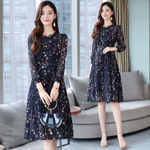 

casual dresses chiffon korean long sleeve slim floral lotus leaf collar mid length fall clothes, Black;gray