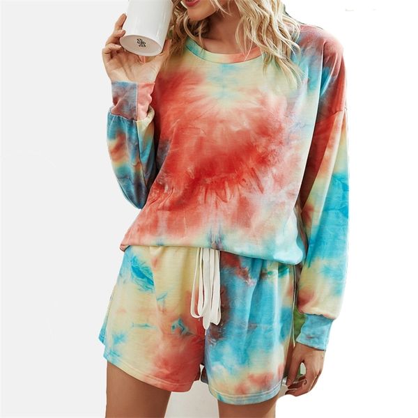 

casual women suit style autumn and winter tie-dye home shirt shorts set female sweatsuits for women two piece sets 210508, White