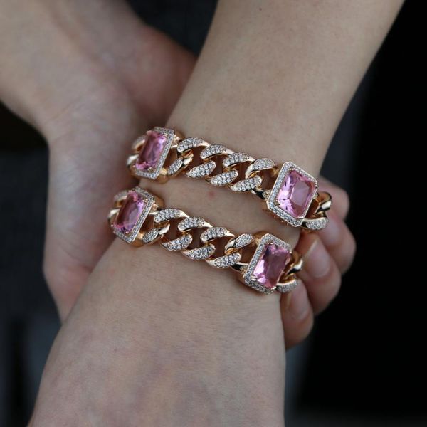 

link, chain fashion luxury 12mm iced out cuban link bracelet for women men rose gold color bling square pink cz jewelry, Black