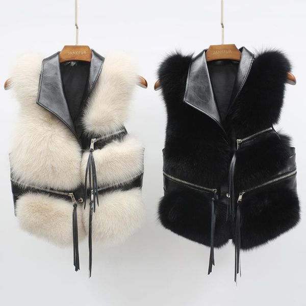 

women's fur & faux real vest furry gilet waistcoat genuine leather collar fashion winter jacket, Black
