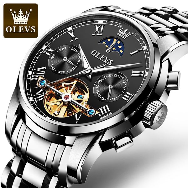 

reloj hombre olevs mechanical hollow outmen clocks stainless steel waterproof date week green fashio classic, Slivery;brown