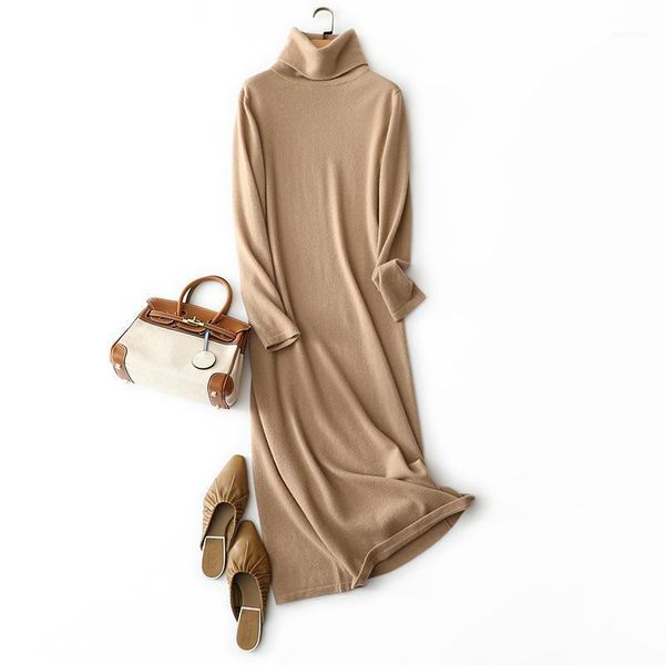 

casual dresses luxury 100% cashmere turtleneck women knitted elegant winter warm pullovers ladies loose sweater dress jumper, Black;gray