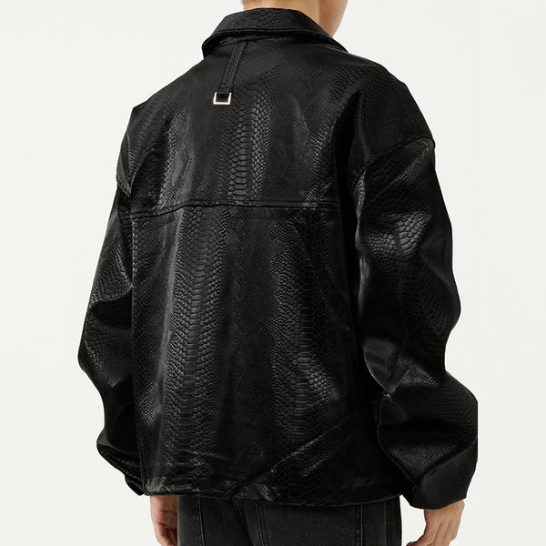 

autumn snakeskin print black leather coat men's design loose zipper jacket lapel korean trend oversized coat