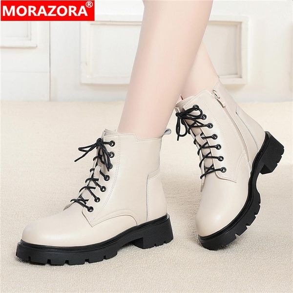 

boots morazora size 35-43 genuine leather women lace up thick fur wool warm winter snow fashion ankle for female, Black