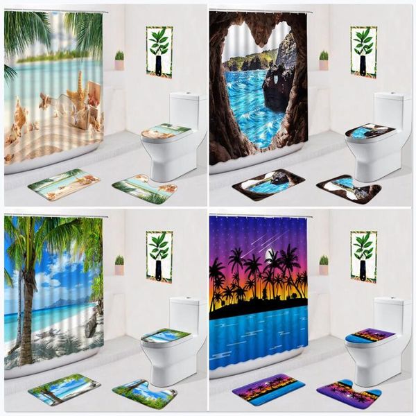 

shower curtains tropical coconut tree bathroom set curtain non slip bath carpets toilet cover mat creative ocean beach starfish