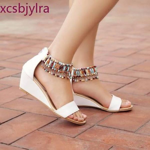 

fashion wedge heel tassel sandals white beige black beach casual shoes roman
