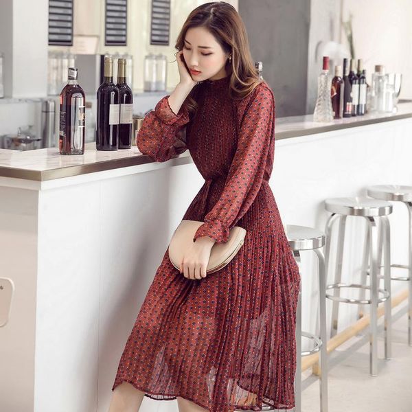 

casual dresses hstar plus size o-neck print chiffon women dress flare full sleeve a-line female pleated midi vestidos, Black;gray