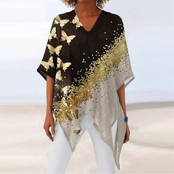 

women's blouses & shirts loose irregular blouse butterfly printing vintage basic casual half sleeve v neck shirt camisas de mujer 40#, White
