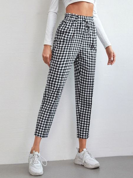 

gingham knot front pants n9yo#, Black;white